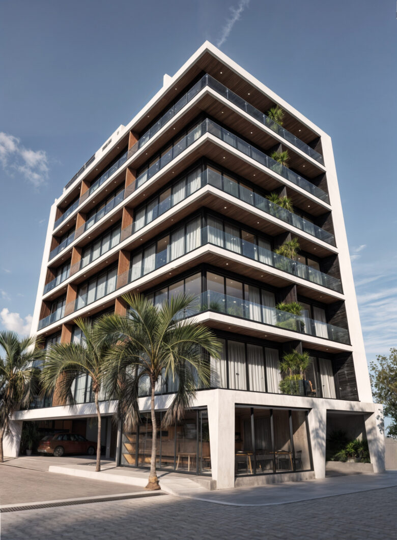Fachada moderna del edificio Macondo Punta Esmeralda, un desarrollo con departamentos en venta en Playa del Carmen, con amplios ventanales, balcones con vegetación y acabados en madera natural.