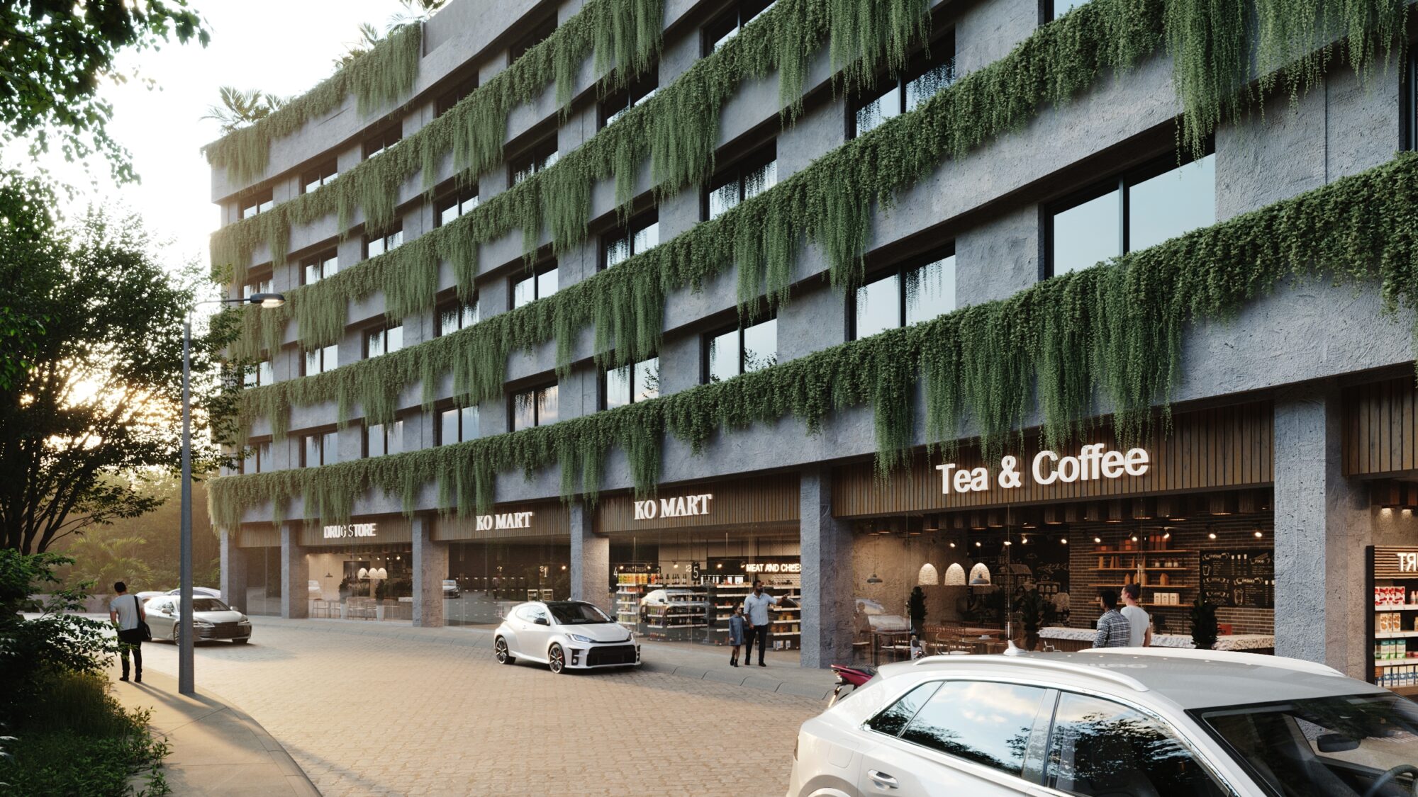 Fachada principal de Macondo Tulum con vegetación colgante, locales comerciales como cafetería y supermercado, diseño arquitectónico orgánico rodeado de naturaleza, parte de los departamentos en venta en Tulum.