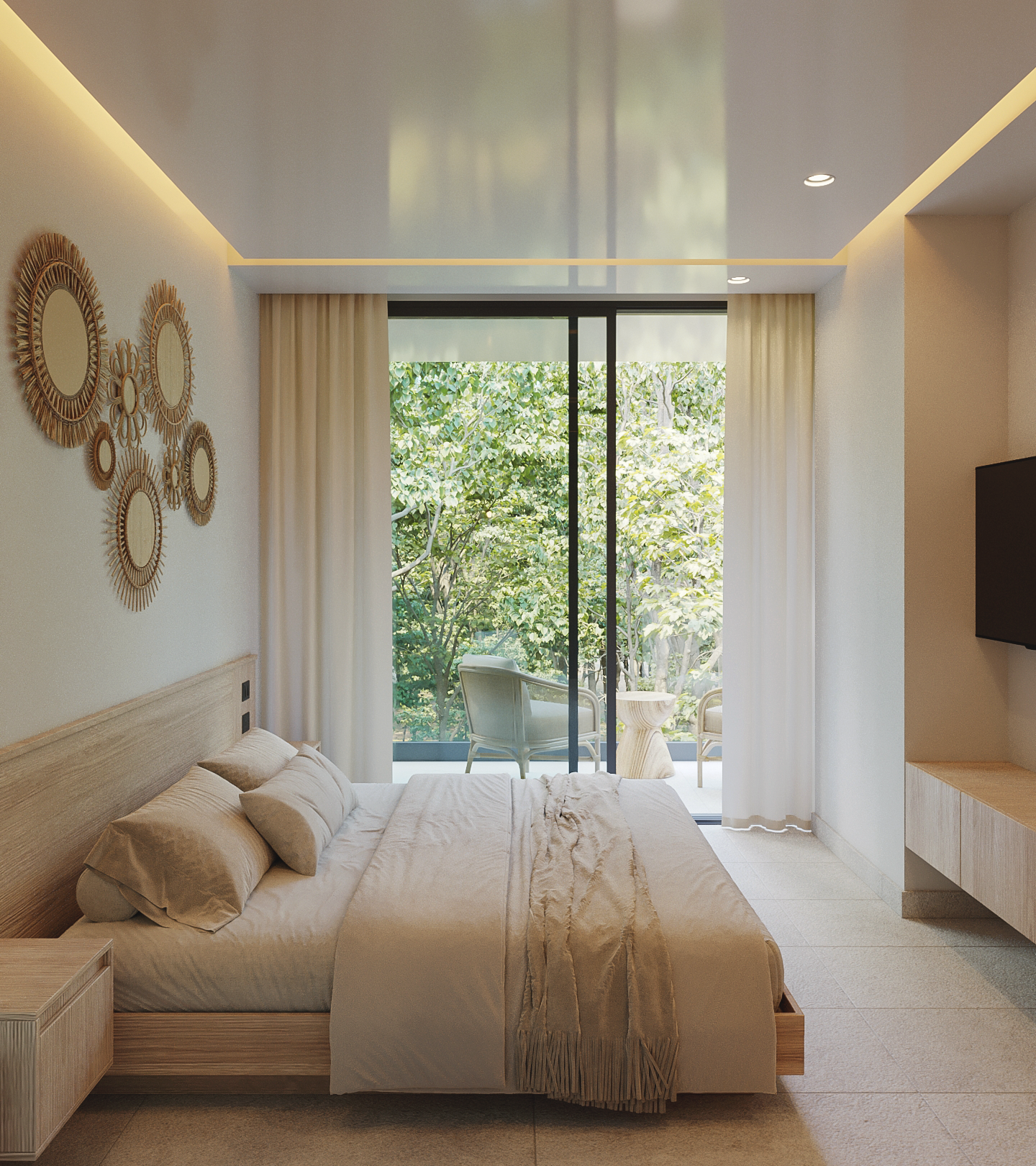 Habitación de Macondo Tulum con cama king size, decoración natural en tonos beige, espejos artesanales, ventanales amplios y terraza con vista a la selva, dentro de los departamentos en venta en Tulum.