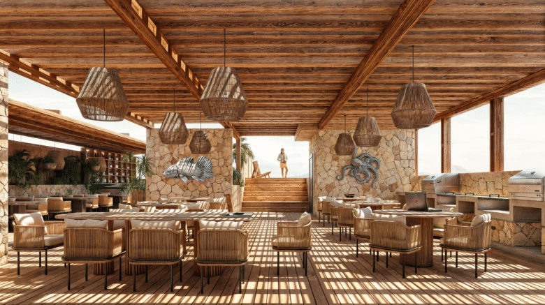 Grill Área en el rooftop de Macondo Corazón en Playa del Carmen, con mobiliario de madera y fibras naturales, lámparas colgantes de diseño artesanal, muros de piedra, parrillas de acero inoxidable y vista abierta al cielo caribeño. Espacio exclusivo dentro de los departamentos en venta en Playa del Carmen que combinan lujo y serenidad.