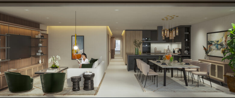 Área de sala y comedor en una unidad de Macondo Playacar, con mobiliario contemporáneo, lámparas colgantes, cocina integral moderna, mesa de comedor con seis sillas, sofá claro, sillones verdes, arte decorativo y plantas interiores. Cada detalle refleja la esencia de los departamentos en venta en Playa del Carmen, pensados para disfrutar el lujo residencial con estilo natural.